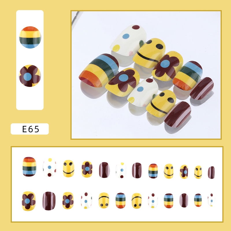 เล็บปลอม ลายการ์ตูนหน้ายิ้ม สีรุ้ง 24 ชิ้น 12 ขนาด ฟรีกาวเจลลี่