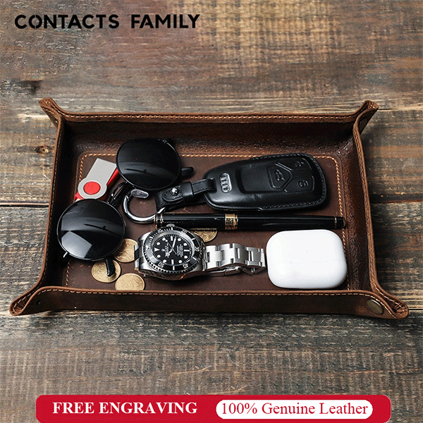 CONTACTS FAMILY ถาดหนังวัวแท้ ทรงสี่เหลี่ยม พับได้ สําหรับใส่เหรียญ กุญแจ ออฟฟิศ