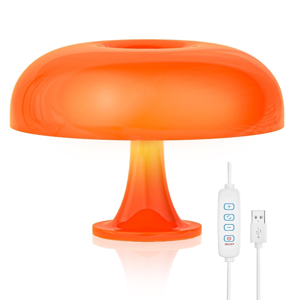 โคมไฟตั้งโต๊ะสไตล์โมเดิร์น Bauhaus แสงเห็ดสีส้ม โคมไฟข้างเตียง USB ในช่วงกลางศตวรรษ โคมไฟตั้งโต๊ะขนาดเล็กสไตล์เรโทร โคมไฟตั้งโต๊ะข้างเตียงนอน