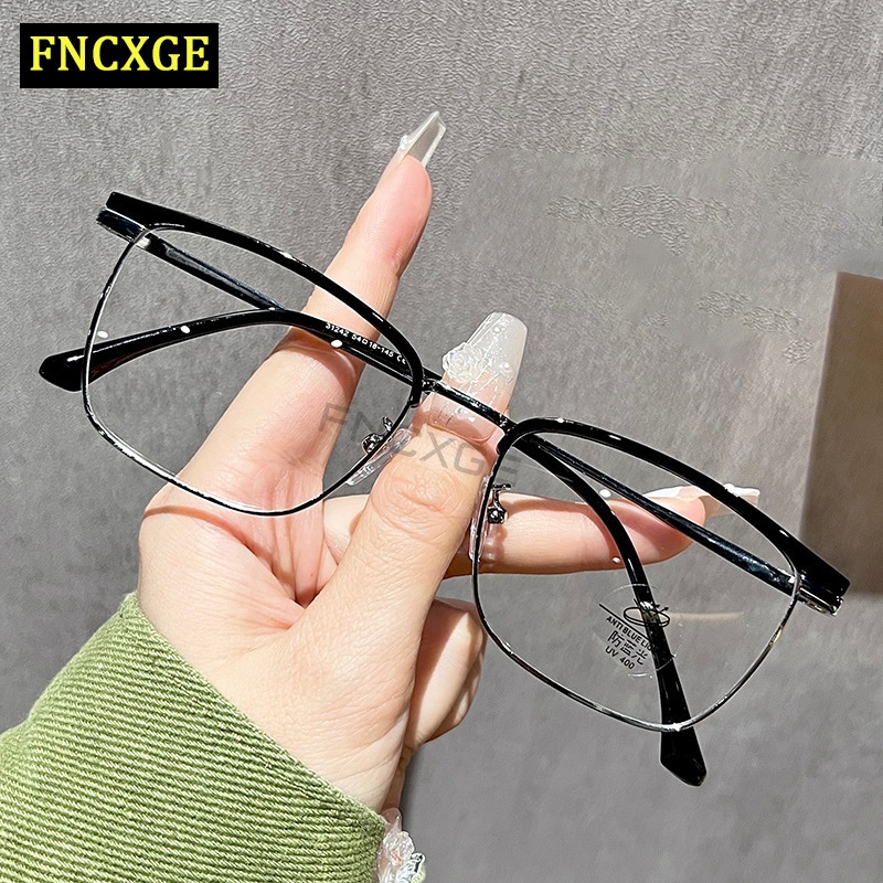 Fncxge แว่นตาสายตาสั้น -100~-600 ผู้หญิง ผู้ชาย สไตล์เกาหลี ย้อนยุค คอมพิวเตอร์ ป้องกันแสงสีฟ้า ครึ่งกรอบ ป้องกันรังสี ลบ แว่นตา Unisex