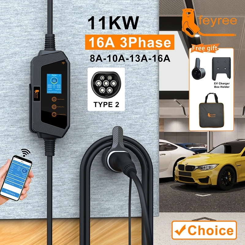 Feyree Type2 สายแบบพกพา EV Charger 11KW 16A 3P Car Charger Wi-Fi APP ควบคุม EVSE กล่องชาร์จ CEE ปลั๊