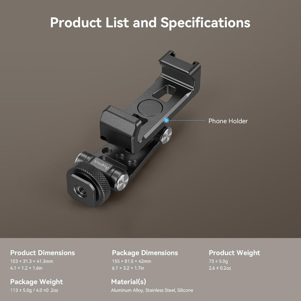 Smallrig Metal Phone Support with Cold Shoe Mount, Universal Mobile Phone Mount Adapter รองรับข้อต่อปรับฟรี, โทรศัพท์ขาตั้งกล้อง Mount 4382