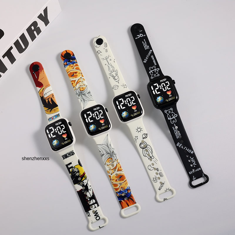 นาฬิกาข้อมืออิเล็กทรอนิกส์ พิมพ์ลายการ์ตูนวันพีชน่ารัก มีไฟ LED สไตล์สปอร์ต สําหรับเด็กนักเรียน