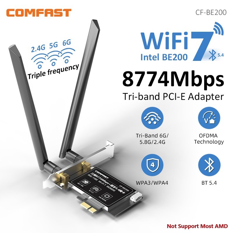 Comfast การ์ดเครือข่าย wifi 7 Intel BE200 8774Mbps PCI-E 2.4G&5G&6GHz Tri-band BE200NGW ชิป 802.11be