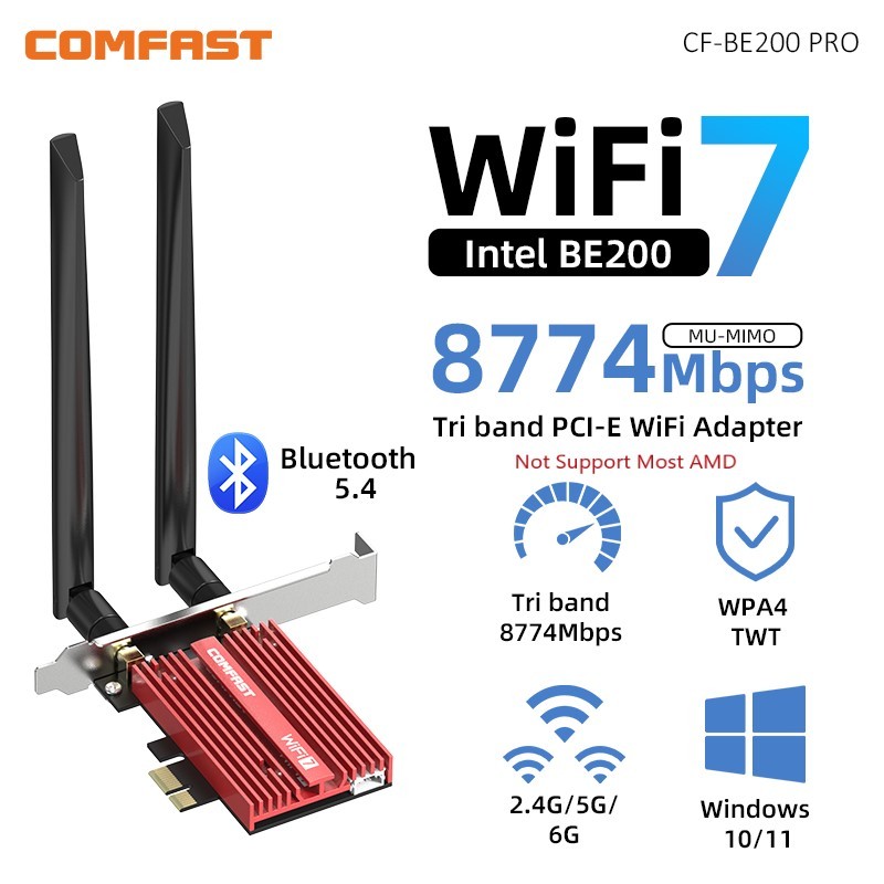Comfast อะแดปเตอร์การ์ดเครือข่ายไร้สาย 8774Mbps WiFi 7 Intel BE200 บลูทูธ 5.4 PCI-E Tri Band 6G 5.8G