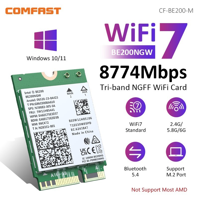 Comfast อะแดปเตอร์การ์ดเครือข่ายไร้สาย WiFi 7 Intel BE200 บลูทูธ 5.4 Tri Band 2.4G 5G 6GHz 8774Mbps 