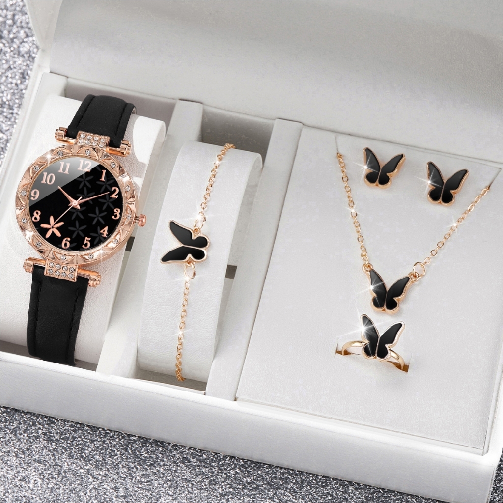 【นาฬิกา + เครื่องประดับ】ชุดนาฬิกาข้อมือควอตซ์ สายหนัง หน้าปัดปลาดาว สําหรับผู้หญิง