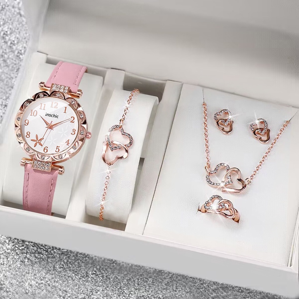 【นาฬิกา + เครื่องประดับ】ชุดนาฬิกาข้อมือควอตซ์ สายหนัง หน้าปัดปลาดาว สําหรับผู้หญิง