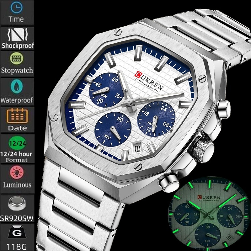 Curren สร้อยข้อมือผู้ชายกีฬาธุรกิจนาฬิกาแฟชั่นสายสแตนเลส 12/24 ชั่วโมงจอแสดงผลควอตซ์นาฬิกาข้อมือปฏิทินพร้อมมือส่องสว่าง