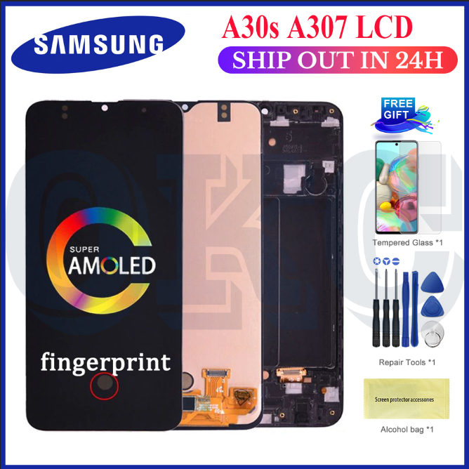 AMOLED LCD สําหรับ Samsung Galaxy A30S A307 A307F A307FN LCD กรอบจอแสดงผล Touch Screen Digitizer Ass