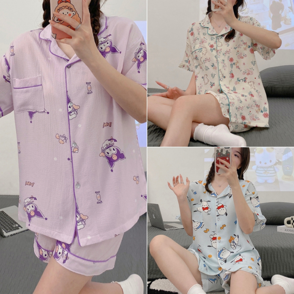 【เสื้อผ้า + กางเกงขาสั้น】ชุดนอน เสื้อคาร์ดิแกน แขนสั้น กางเกงขาสั้น ลายการ์ตูน สองชุด สําหรับผู้หญิง