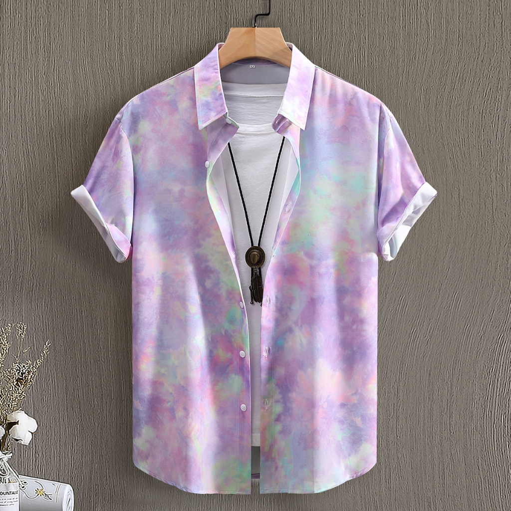 เสื้อเชิ้ตแขนสั้นลําลอง พิมพ์ลาย สีม่วง แฟชั่นฤดูร้อน สําหรับผู้ชาย