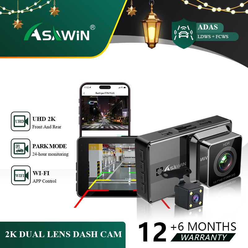 2k Dash Cam Wifi ADAS Asawin A12 1296P กล้องติดรถยนต์ ด้านหน้า และด้านหลัง มองเห็นกลางคืน LDWS FCWS หน้าจอ IPS 3 นิ้ว