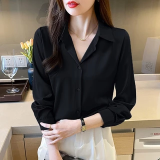 เสื้อโปโล แขนยาว สไตล์เกาหลี สําหรับผู้หญิง สีทึบ งาน เสื้อผ้า(ชุดดำงานศพ พร้อมส่ง)