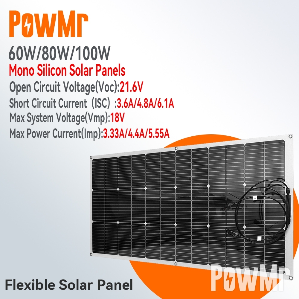 PowMr แผงโซล่าเซลล์ 18V/100W 80W 60W Solar Panel แผงพลังงานแสงอาทิตย์ ยืดหยุ่น กันฟ้าร้องฟ้า กันน้ํา DIY คาราวานเรือRVรถ/แคมป์/กลางแจ้งกิจกรรมCharger