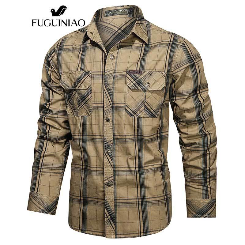 Fuguiniao เสื้อเชิ้ตลําลอง ลายสก๊อต ลายทาง แฟชั่นฤดูใบไม้ร่วง สําหรับผู้ชาย