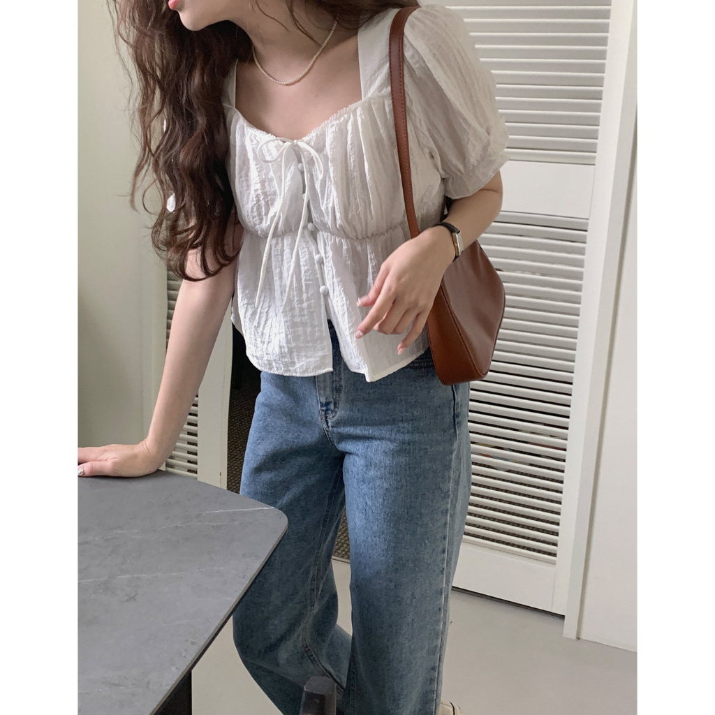 71563 เสื้อเชิ้ตแขนสั้น คอสี่เหลี่ยม แต่งลูกไม้ แบบสวมหัว แบบเรียบง่าย