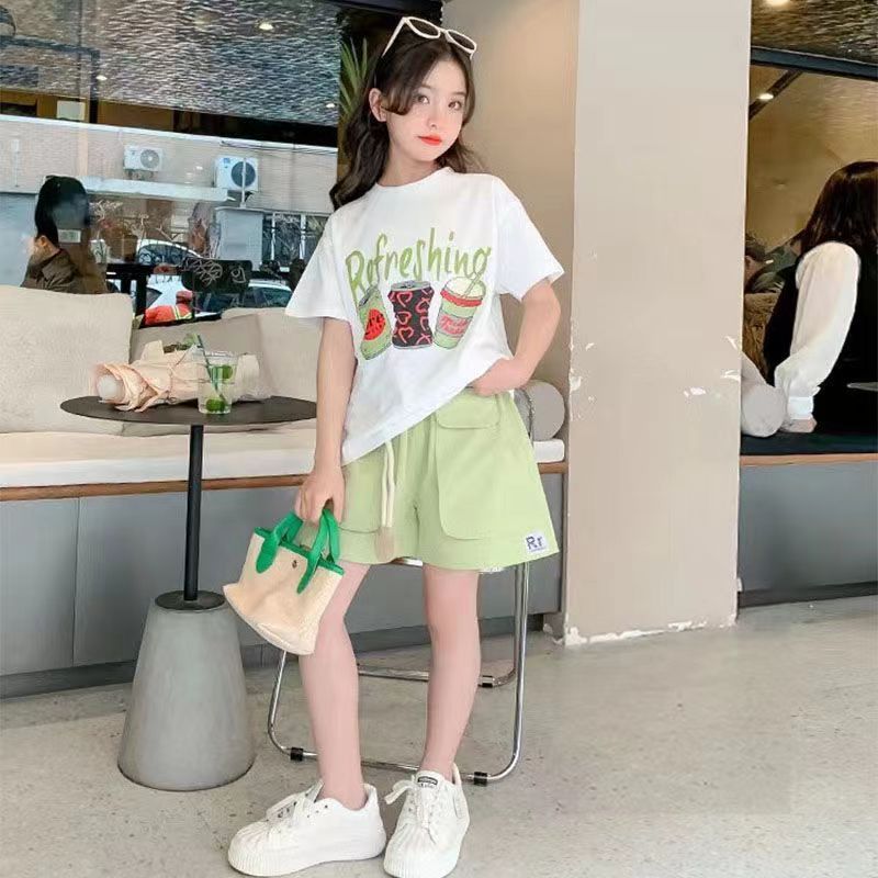 ชุดกีฬา เสื้อแขนสั้น กางเกงขาสั้น ลายต้นมะนาว แฟชั่นฤดูร้อน สําหรับเด็กผู้หญิง อายุ 3-15 ปี