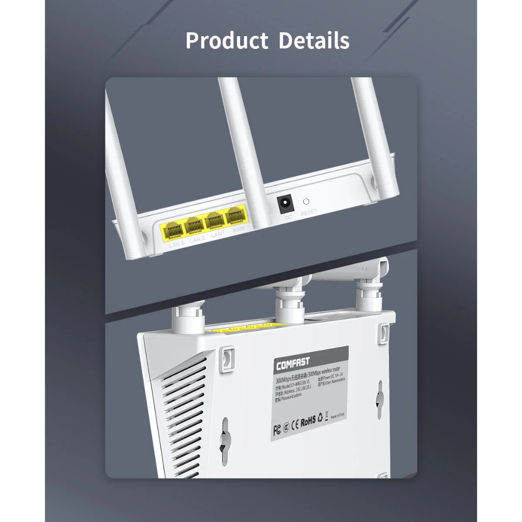 Comfast เราน์เตอร์ WiFi ไร้สาย 300Mbps 1WAN+3 LAN RJ45 3 * 3dbi เสาอากาศกว้างครอบคลุมบ้าน 2.4G ผ่านผนังบรอดแบนด์สหรัฐอเมริกาปลั๊ก CF-WR613NV1