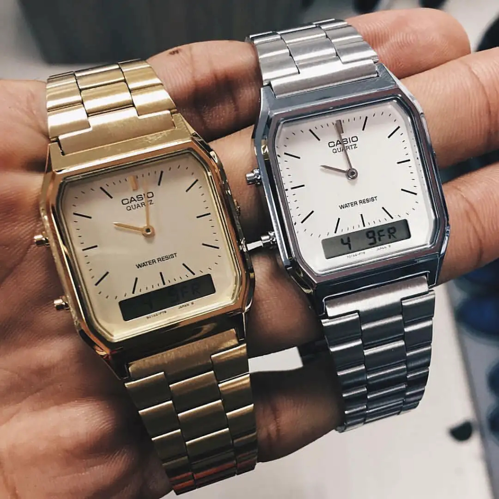 [ใหม่]AQ-230A นาฬิกาสแตนเลสทรงสี่เหลี่ยมกันน้ํากีฬา DUAL-DISPLAY นาฬิกาข้อมือ