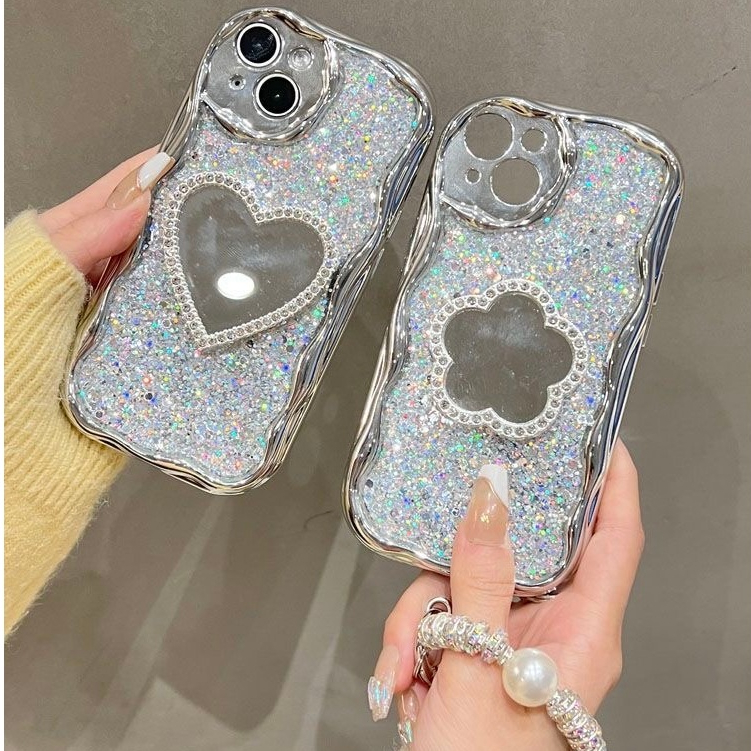 สวย 3D love heart ดอกไม้กระจกไฟฟ้าเงินนุ่มเคสโทรศัพท์ Glitter pearl chain สําหรับ Iphone 16 15 14 pro max 13 pro max 12 11 pro max XSMAX XR X 7 8PLUS