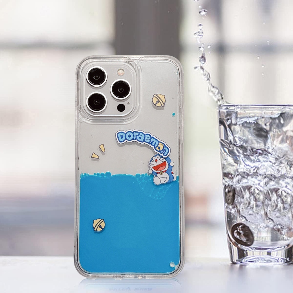เคสโทรศัพท์มือถือ แบบแข็ง กรอบนิ่ม ลายการ์ตูนโดราเอม่อน ไอคอนน่ารัก ลอยน้ําได้ มีทรายไหล สําหรับ iPhone 15 11 12 13 14 Pro Max
