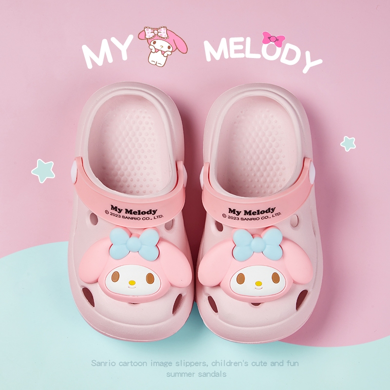 Cheerful Mario 14-19 ซม Melody&Kuromi ชมพู รองเท้ารัดส้นเด็กผู้หญิง วัสดุEVA Sanrio รองเท้าหัวโตเด็กผู้หญิง แฟชั่น การ์ตูน รองเท้าเตะเด็กผู้หญิง
