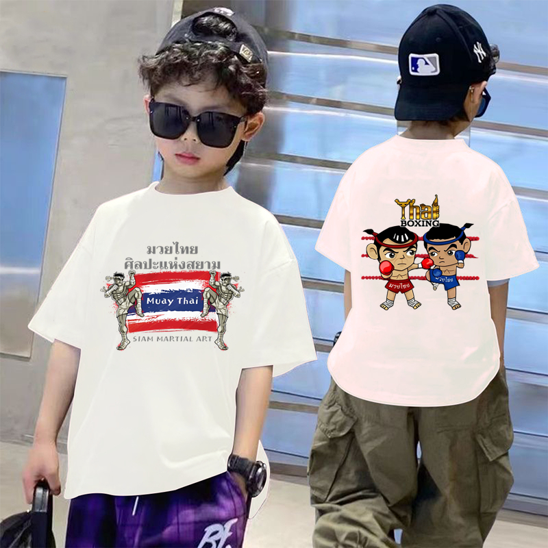 มวยไทย ไทย นุ่มและเป็นมิตรกับผิว เสื้อยืดผ้าฝ้ายแท้ ผ้าเหมาะสำหรับเด็ก แฟชั่นพิมพ์รอบคอแขนสั้น 100-150