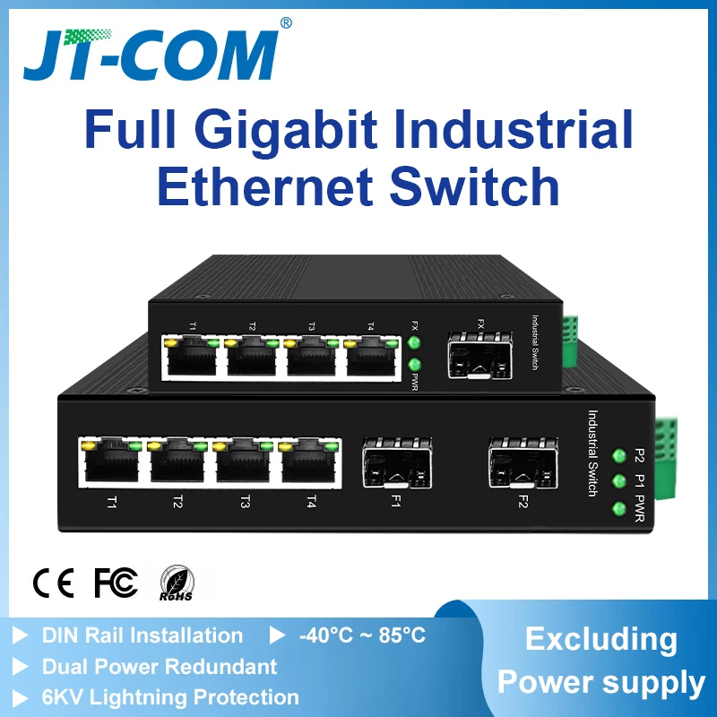 JT-COM Gigabit 4 port Ruggedized Switch Industrial 2 SFP And 4 RJ45 DiN-Rail -40°C~85°C Ethernet Switch