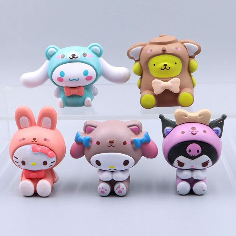 โมเดลฟิกเกอร์ PVC รูปการ์ตูนอนิเมะ My Melody Kuromi Cinnamoroll Hello Kitty Pom Pom Purin Q Version ขนาด 4-5 ซม. สําหรับตกแต่งเค้ก จํานวน 5 ชิ้น ต่อชุด