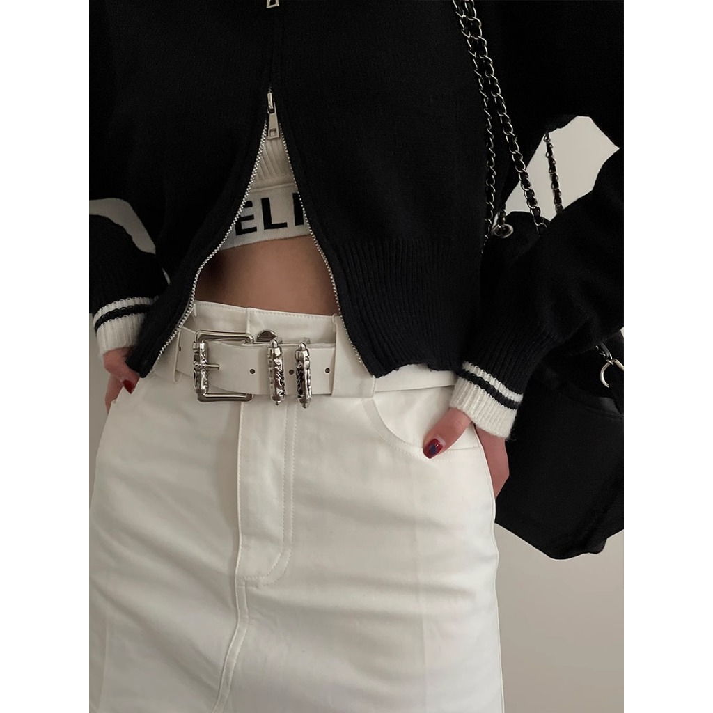 ใหม่ เข็มขัดกางเกงยีน สีขาว สไตล์พังก์เรโทร สําหรับผู้หญิง y2k