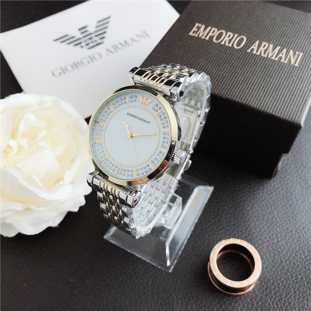 Emporio ARMANI ARMANI นาฬิกาข้อมือควอตซ์แฟชั่น สายแสตนเลส ประดับเพชร สําหรับสตรี