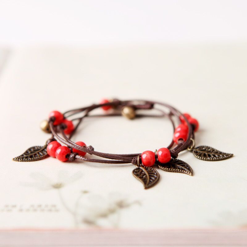 สร้อยข้อมือเซรามิค หลายชั้น ลายกระดิ่งใบไม้ สไตล์วินเทจ สําหรับผู้หญิง