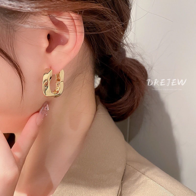 DREJEW ต่างหูโลหะ รูปตัว U เรขาคณิต สีทอง 18K สไตล์ยุโรป และอเมริกา แฟชั่น สําหรับผู้หญิง