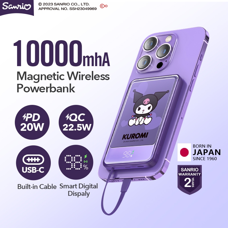 Sanrio Kuromi Magnetic Wireless Powerbank PD 20W 10000mAh Fast Charging  Qi2 iP12-15 Charging with TYPE-C build-in cable and LED Display Purple ธนาคารพลังงานไร้สาย For friend