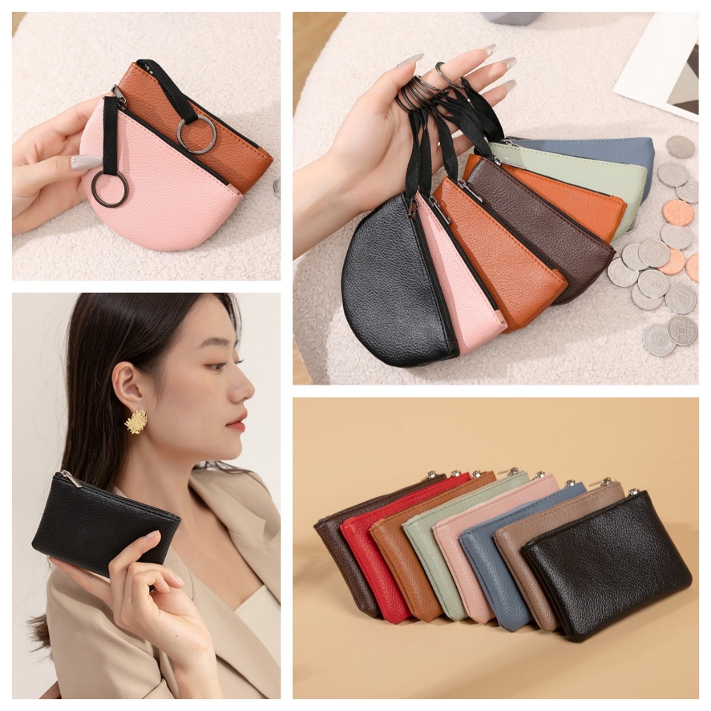 กระเป๋าใส่เหรียญ หนัง PU แบบบางพิเศษ แต่งซิป ลายลิ้นจี่ สีพื้น สไตล์ตะวันตก เรโทร คลาสสิก