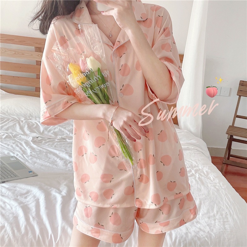 พร้อมส่ง ชุดนอน เสื้อแขนสั้น + กางเกงขาสั้น ผ้าคอตตอน ผ้านิ่มมาก ลายน่ารักๆ
