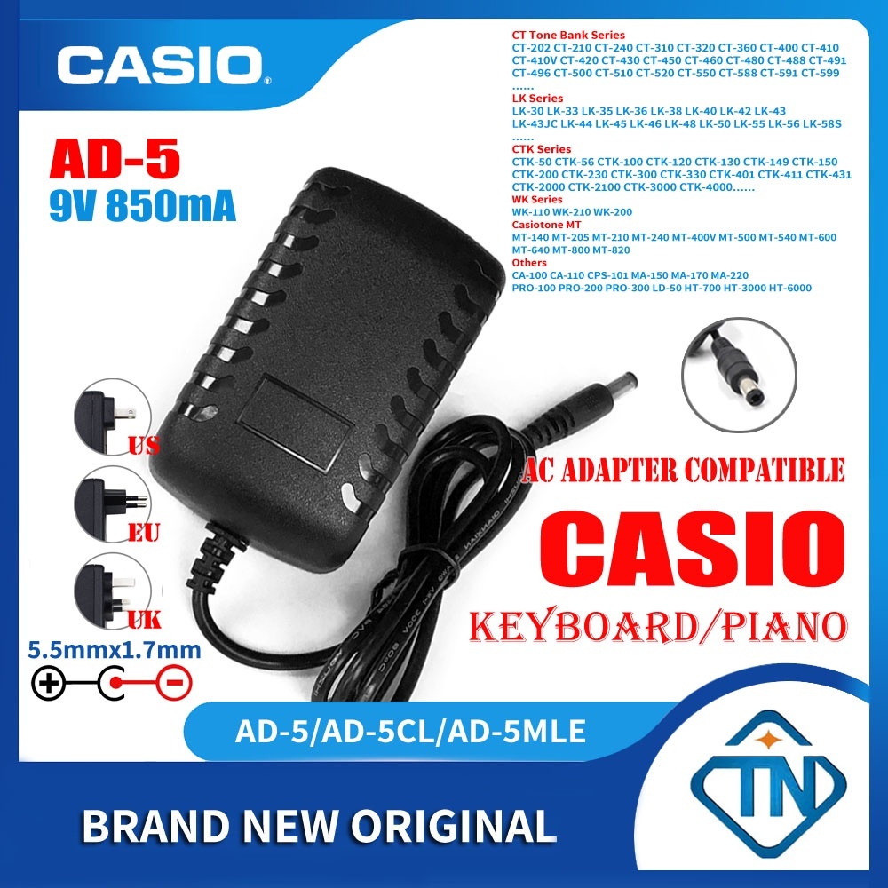 อะแดปเตอร์พาวเวอร์ซัพพลายเปียโนไฟฟ้า 9V 850mA AD-5 AD-5CL AC สําหรับ Casio CT-680 CT-805 CT-808 CT-8