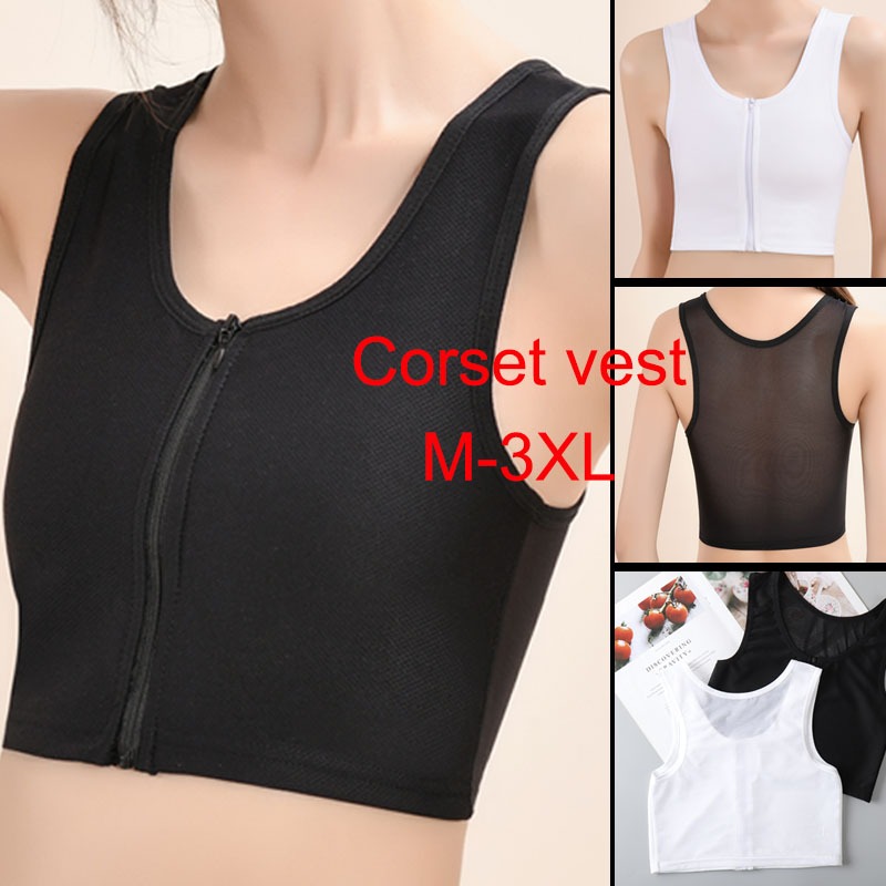เสื้อรัดตัวทอมบอยแบนหน้าอกตาข่ายระบายอากาศ Bra S-3XL Zipper Vest ซูเปอร์แบนหน้าอกสั้นเสื้อกล้ามสีทึบสตรีรัดตัวกีฬาเสื้อกล้ามชุดชั้นใน