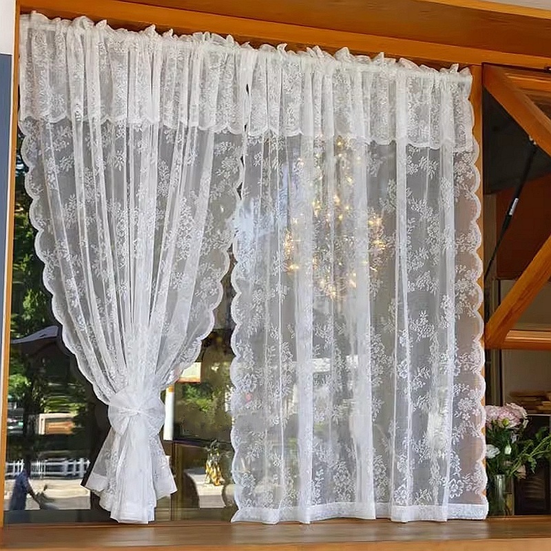 ผ้าม่านสั้น ผ้าถัก ลายดอกไม้ สีขาว สไตล์ฝรั่งเศส สําหรับห้องครัว ห้องน้ํา 2 แผง