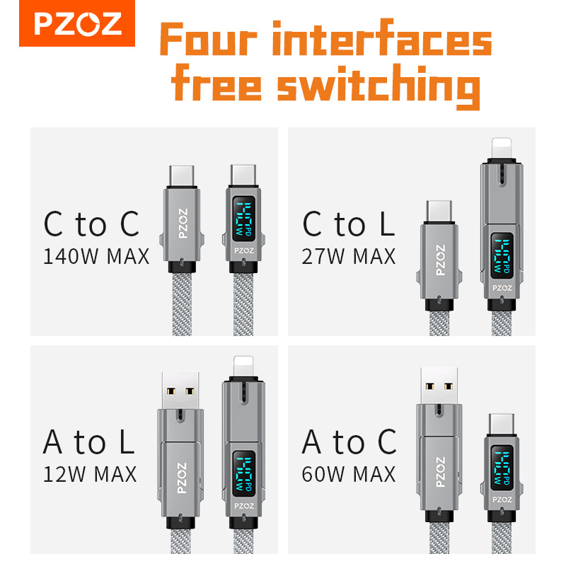 PZOZ 4 in 1 140W PD USB C สายเคเบิล จอแสดงผลดิจิตอล ชาร์จเร็ว สําหรับ iPhone 16 15 14 13 12 Pro Max MacBook iPad USB Type C สายชาร์จ