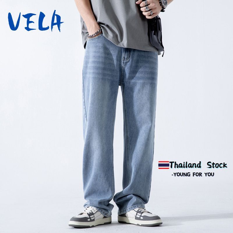 Vela-กางเกงยีนส์ชาย สีฟ้าอ่อน ขายาวทรงกระบอกใหญ่ baggy jeans เท่ๆสไตล์เกาหลี ผ้ายีนส์นิ่ม ใส่สบาย ทรงสวย