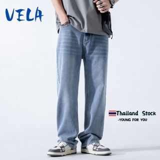 Vela-กางเกงยีนส์ชาย ทรงหลวม ทรงตรง สีฟ้าอ่อน ขายาวทรงกระบอกใ…