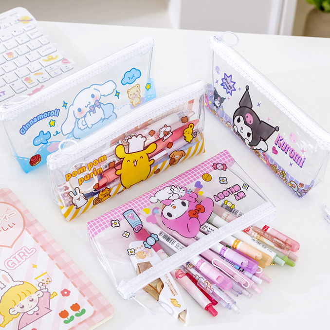ใหม่ กระเป๋าเครื่องเขียน กระเป๋าดินสอ ทรงกลม มีซิป จุของได้เยอะ ลายการ์ตูน Kuromi Melody สีโปร่งใส สําหรับนักเรียน