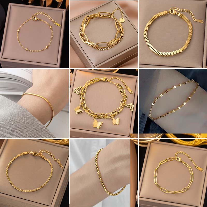 สร้อยข้อมือเหล็กไทเทเนียม ชุบทอง 18K ไม่จางหาย สไตล์มินิมอล แฟชั่นสําหรับผู้หญิง