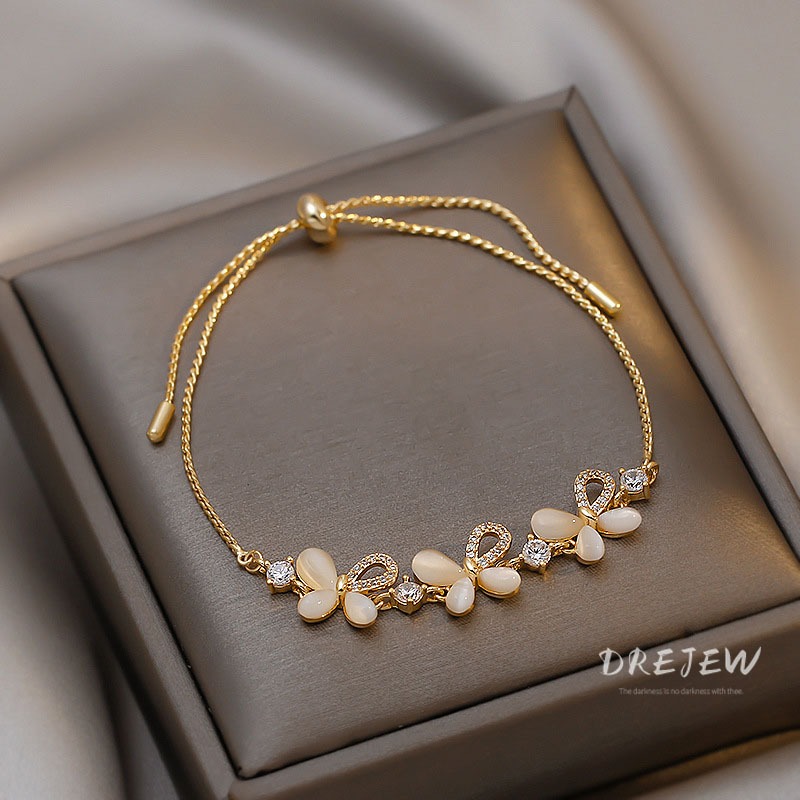 DREJEW สร้อยข้อมือทอง 18K จี้โอปอล รูปผีเสื้อ ปรับได้ เครื่องประดับแฟชั่น