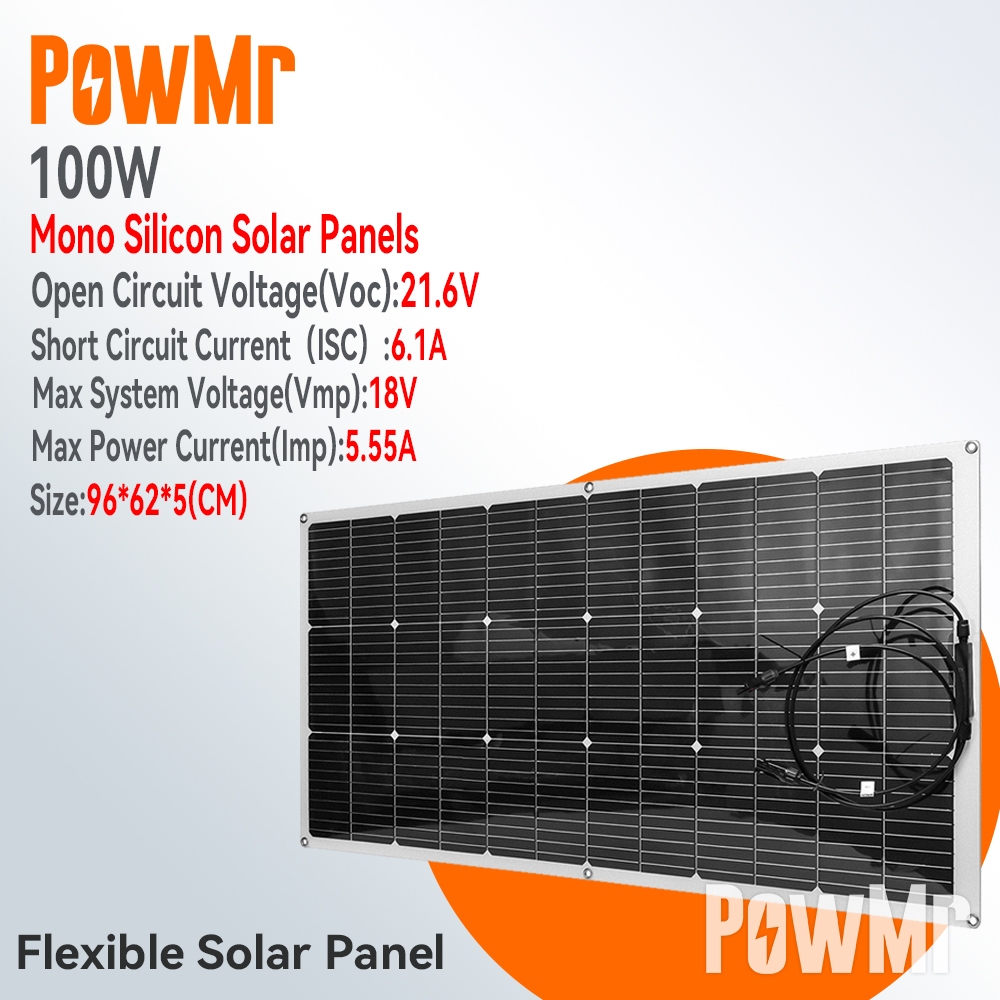 PowMr 100W แผงพลังงานแสงอาทิตย์ สายเคเบิลโมโนคริสตัลไลน์ ยืดหยุ่น กันน้ํา ชาร์จได้ DIY สําหรับรถยนต์ รถบ้าน กลางแจ้ง