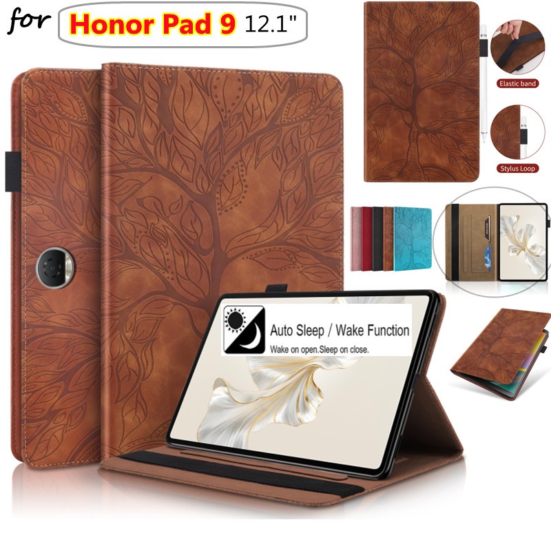 สําหรับHUAWEI Honor Pad 9 Pad9 12.1 นิ้ว 2023 กรณี 3Dต้นไม้นูนPUหนังกระเป๋าสตางค์สําหรับHonorแท็บเล็