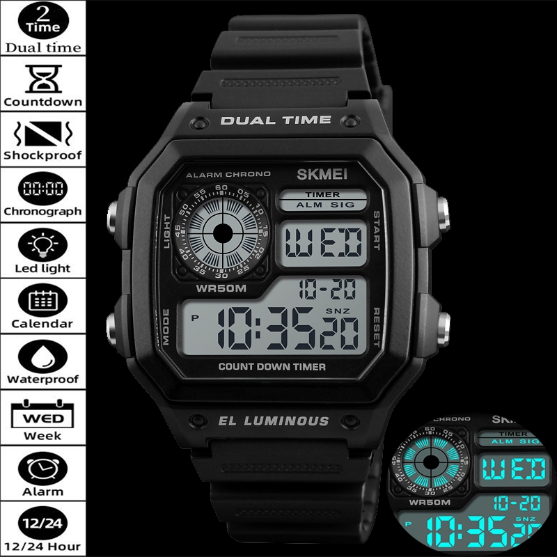 Skmei Dual Time Mens Sports Watches Original Brand Led Chronograph Waterproof Digital Military Watches