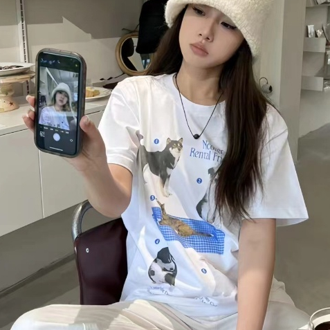Bella T-shirt แขนสั้นพิมพ์ลายสัตว์น่ารักของผู้หญิง